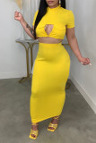 Yellow Sexy Solid Bandage Hollowed Out Patchwork Backless O Neck Short Sleeve Two Pieces