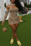 Yellow Sexy Solid Lace Off the Shoulder Pencil Skirt Dresses