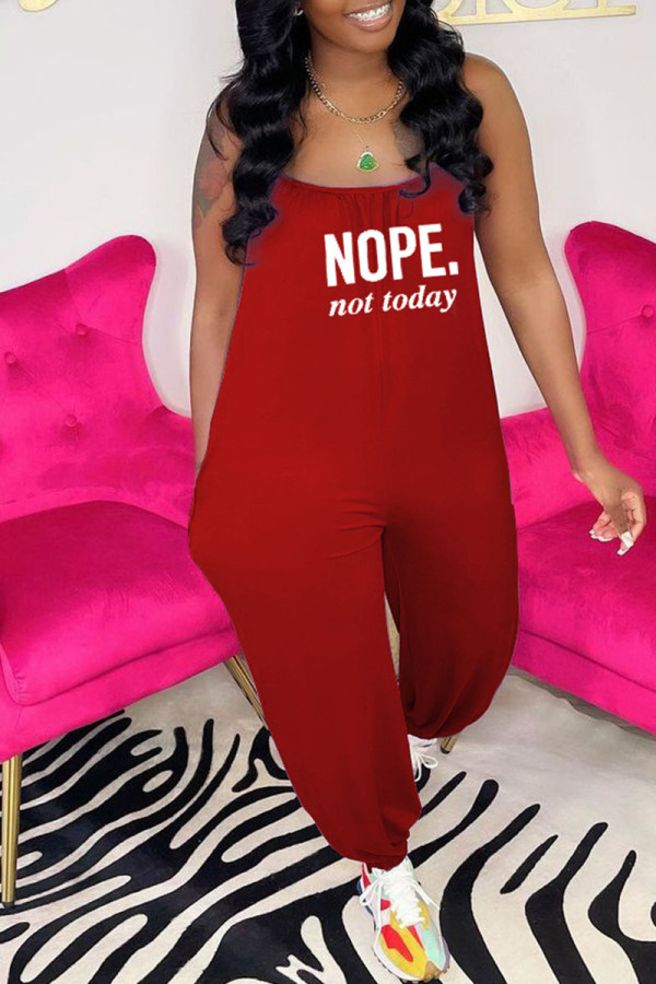 Red Casual Print Patchwork Spaghetti Strap Loose Jumpsuits