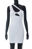 White Sexy Solid Hollowed Out One Shoulder Pencil Skirt Dresses