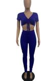 Blue Sexy Solid Bandage Patchwork V Neck Short Sleeve Two Pieces