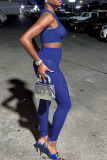 Blue Sexy Solid Hollowed Out O Neck Sleeveless Two Pieces