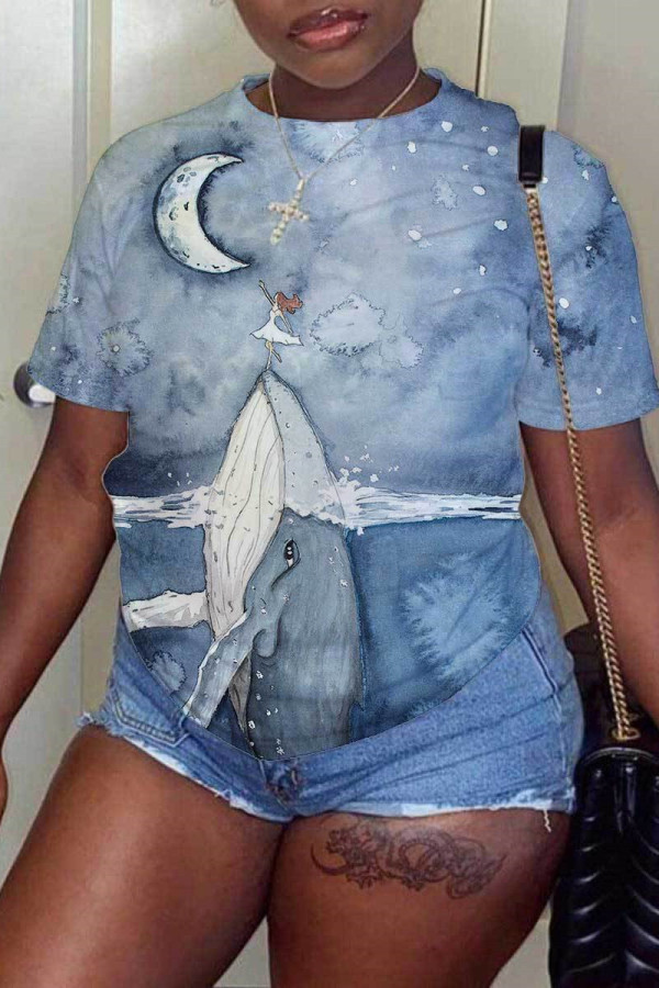 Blue Fashion Casual Print Basic O Neck T-Shirts