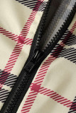 Khaki Fashion Casual Plaid Print Basic Zipper Collar Skinny Romper