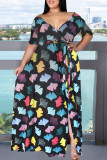 Pink Casual Print Patchwork V Neck Straight Plus Size Dresses