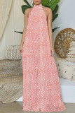 Red Elegant Print Patchwork Backless Halter Straight Jumpsuits