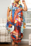 White Casual Print Patchwork O Neck Plus Size Dresses