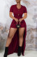 Burgundy Casual Solid Hollowed Out Patchwork V Neck Short Sleeve Two Pieces