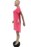 Rose Red Casual Solid Patchwork O Neck Straight Dresses