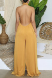 Yellow Elegant Solid Patchwork Backless Halter Straight Jumpsuits