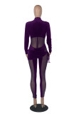 Purple Sexy Solid Patchwork Mesh Half A Turtleneck Skinny Jumpsuits
