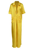 Yellow Casual Solid Split Joint V Neck Loose Jumpsuits