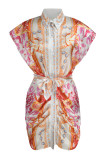 Tangerine Red Fashion Casual Print Bandage Split Joint V Neck One Step Skirt Dresses