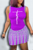 Purple Casual Print Patchwork O Neck Sleeveless Two Pieces
