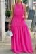 Rose Red Sexy Solid Bandage Patchwork Backless Halter Straight Dresses