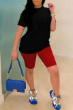Red Fashion Casual Solid Basic O Neck Short Sleeve Two Pieces