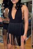 Black Fashion Sexy Solid Lace Patchwork Backless Halter Skinny Romper