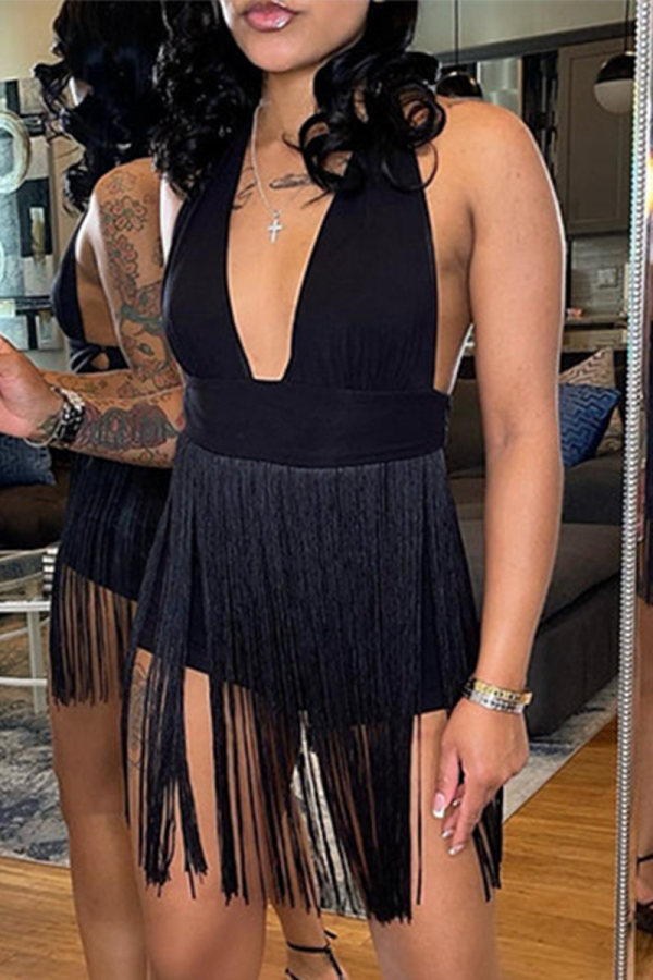 Black Fashion Sexy Solid Lace Patchwork Backless Halter Skinny Romper