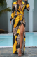 Yellow Fashion Print Patchwork Turndown Collar Waist Skirt Dresses