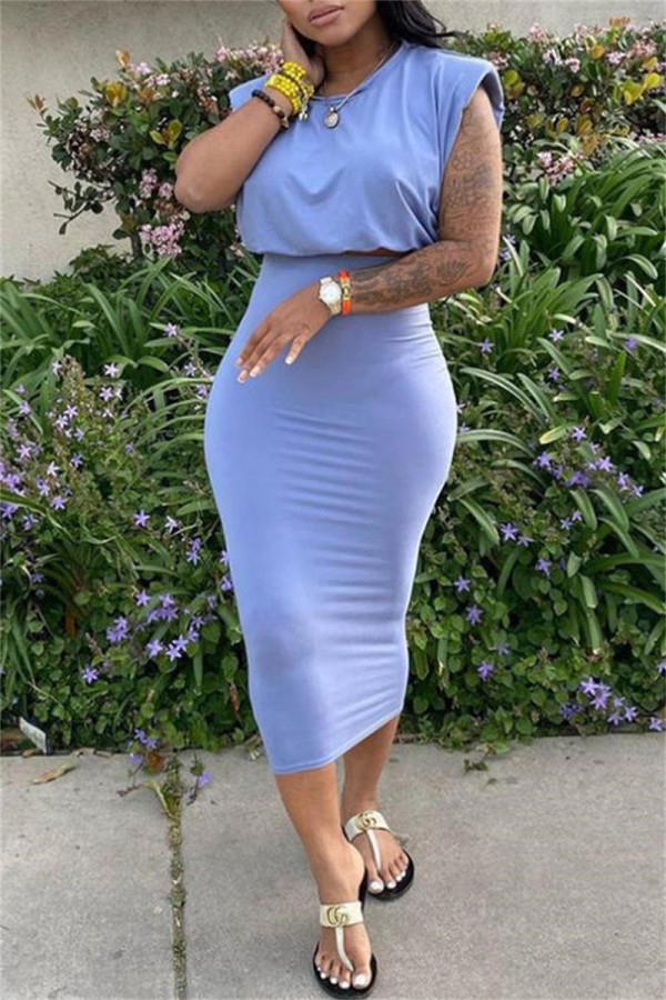 Light Purple Fashion Casual Solid Basic O Neck Sleeveless Two Pieces