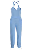 Baby Blue Casual Solid Split Joint Spaghetti Strap Sleeveless Two Pieces