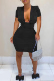 Black Fashion Casual Solid Basic V Neck Short Sleeve Dress