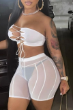 White Sexy Solid Mesh Skinny High Waist Pencil Solid Color Bottoms