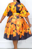 Yellow Celebrities Print Patchwork V Neck A Line Dresses