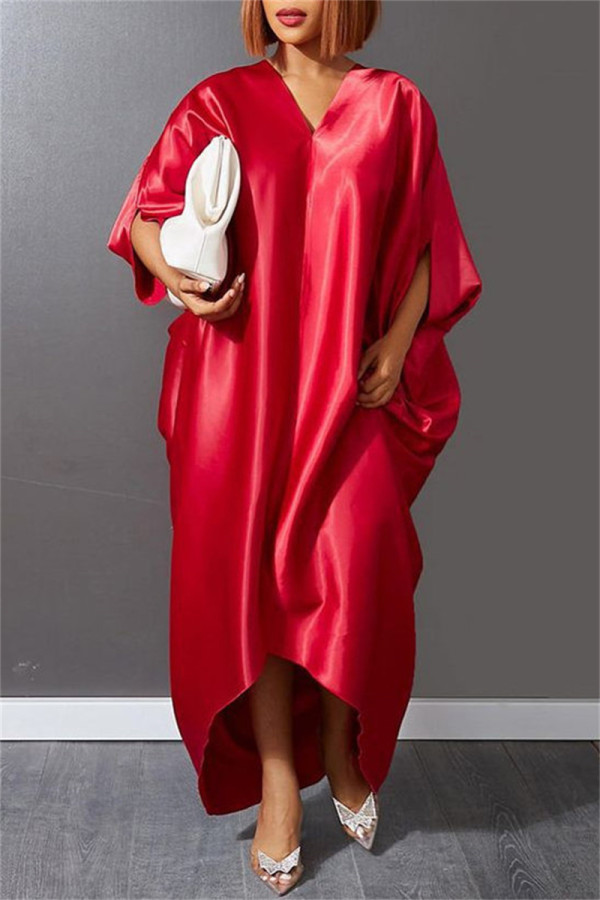 Red Fashion Casual Solid Patchwork V Neck Long Dress Dresses