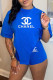 Blue Fashion Sexy Print Letter O Neck Short Sleeve Two Pieces