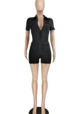 Blue Casual Solid Patchwork Zipper Collar Regular Rompers