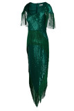 Green Celebrities Solid Tassel Sequins Patchwork Asymmetrical V Neck One Step Skirt Dresses