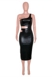 Black Fashion Sexy Solid Hollowed Out Backless One Shoulder Sleeveless Dress