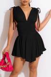 Black Sexy Solid Patchwork Fold Asymmetrical V Neck A Line Dresses