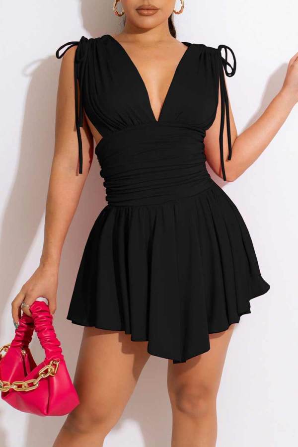 Black Sexy Solid Patchwork Fold Asymmetrical V Neck A Line Dresses