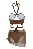 Brown Sexy Solid Bandage Patchwork Draw String Fold Swimwears