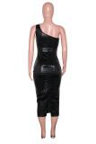 Black Fashion Sexy Solid Hollowed Out Backless One Shoulder Sleeveless Dress