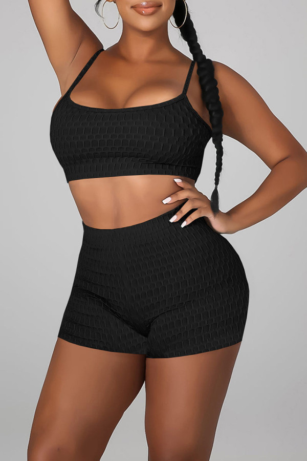 Black Sexy Solid Patchwork Spaghetti Strap Sleeveless Two Pieces