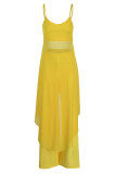 Yellow Casual Solid Split Joint Asymmetrical Spaghetti Strap Sleeveless Two Pieces