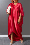 Red Fashion Casual Solid Patchwork V Neck Long Dress Dresses