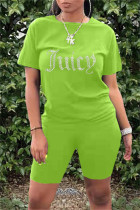 Fluorescent Green Fashion Casual Solid Patchwork Hot Drill O Neck Short Sleeve Two Pieces