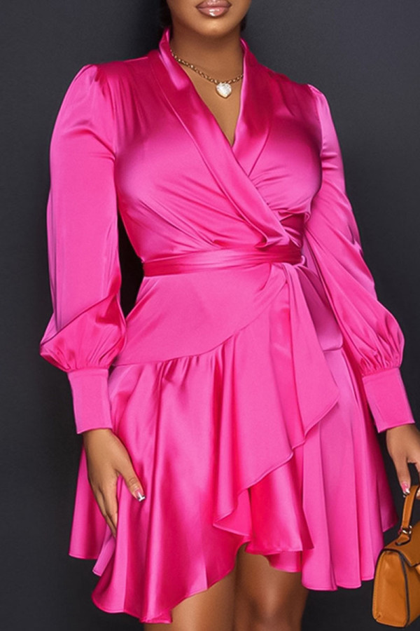 Rose Red Casual Elegant Solid Bandage Patchwork Asymmetrical A Line Dresses