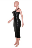 Black Fashion Sexy Solid Hollowed Out Backless One Shoulder Sleeveless Dress
