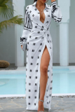 Yellow Fashion Print Patchwork Turndown Collar Waist Skirt Dresses