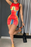 Red Sexy Print Patchwork O Neck Pencil Skirt Dresses