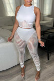 White Fashion Sexy Solid Patchwork See-through O Neck Sleeveless Two Pieces