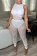 White Fashion Sexy Solid Patchwork See-through O Neck Sleeveless Two Pieces