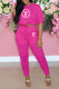 Rose Red Fashion Casual Print Letter O Neck Short Sleeve Two Pieces