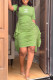 Green Fashion Casual Print Asymmetrical O Neck One Step Skirt Dresses