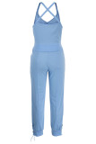 Baby Blue Casual Solid Split Joint Spaghetti Strap Sleeveless Two Pieces